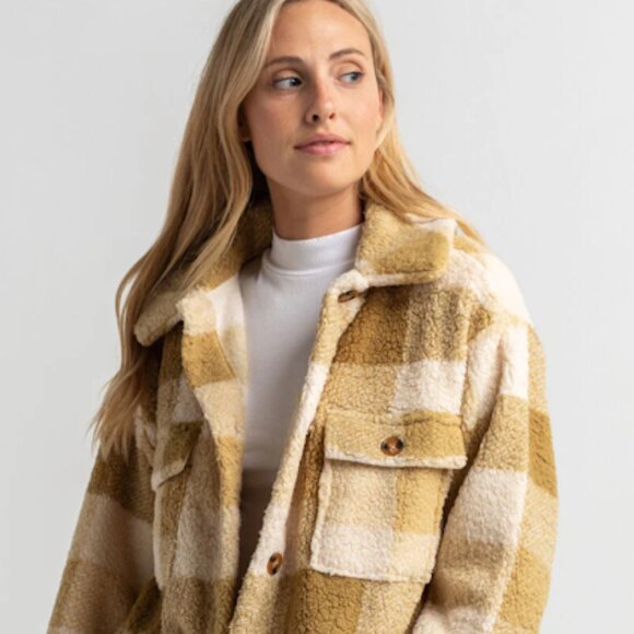 Billabong Fairbanks Fleece Jacket, Plaid Cream and Tan, Size XS - Picture 2 of 8